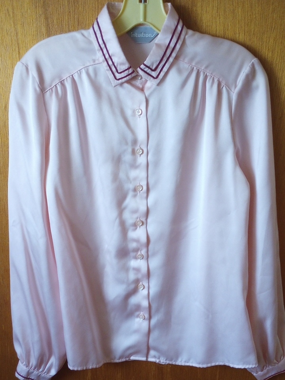 Intuitions Pale Pink Classic Polyester Blouse w/ Burgundy Trim & Collar. Medium?